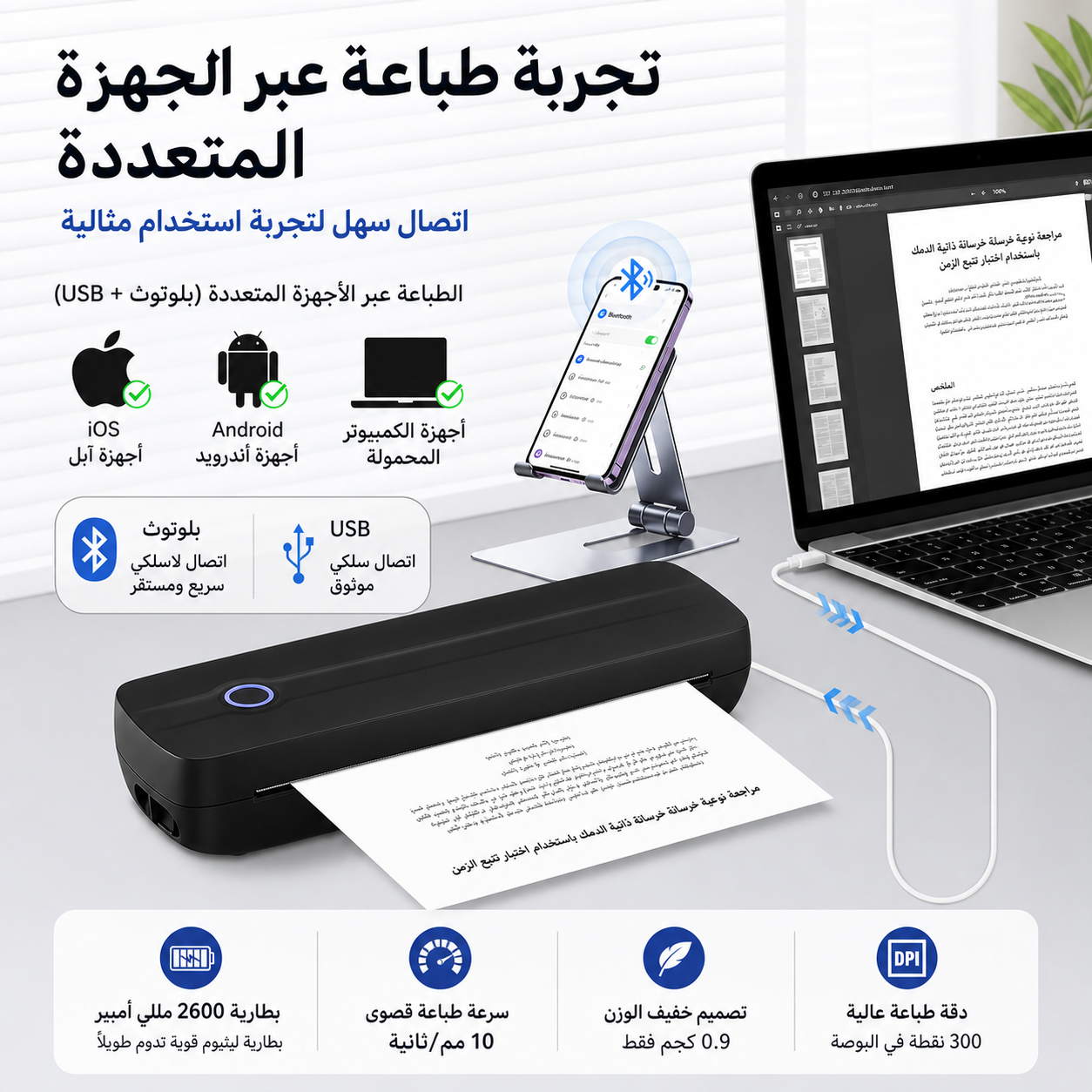 طابعة VEVOR الحرارية المحمولة - بطارية 2600 مللي أمبير، دقة 300 نقطة في البوصة، طابعة بلوتوث محمولة بدون حبر لورق حراري A4 وA5 و8.5 × 11 بوصة، متوافقة مع أنظمة iOS وAndroid وأجهزة الكمبيوتر المحمولة، للاستخدام في السفر والمكتب والمنزل