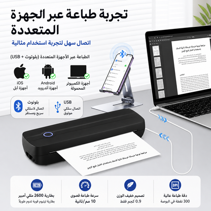 طابعة VEVOR الحرارية المحمولة - بطارية 2600 مللي أمبير، دقة 300 نقطة في البوصة، طابعة بلوتوث محمولة بدون حبر لورق حراري A4 وA5 و8.5 × 11 بوصة، متوافقة مع أنظمة iOS وAndroid وأجهزة الكمبيوتر المحمولة، للاستخدام في السفر والمكتب والمنزل